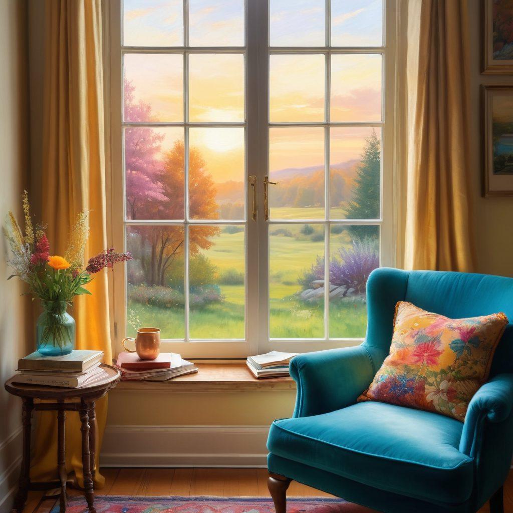A cozy reading nook adorned with a stack of colorful books that radiate warmth and creativity, featuring an open book with glowing pages revealing whimsical illustrations. In the background, a soft armchair under soft, golden light and a window showing a dreamy landscape. Gentle hints of nature creeping in, symbolizing the connection between stories and thoughts. painting. vibrant colors. soft focus.