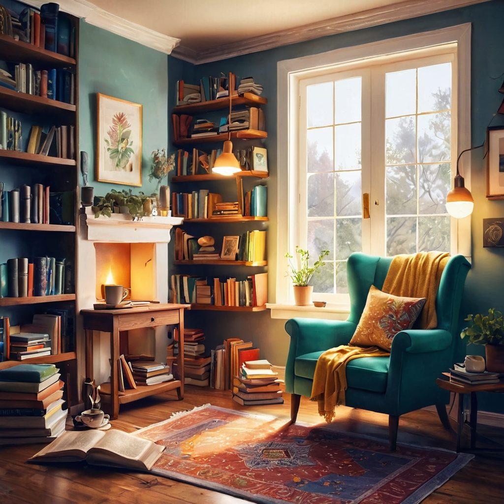 An open book with glowing pages surrounded by colorful, whimsical illustrations of various book genres such as fantasy, romance, and adventure. Soft beams of light radiate from the book, symbolizing joy and discovery. A cozy reading nook with a comfy chair and a steaming cup of tea in the background adds warmth. The scene should evoke happiness and curiosity, inviting readers to explore new stories. vibrant colors. cozy atmosphere. painting.