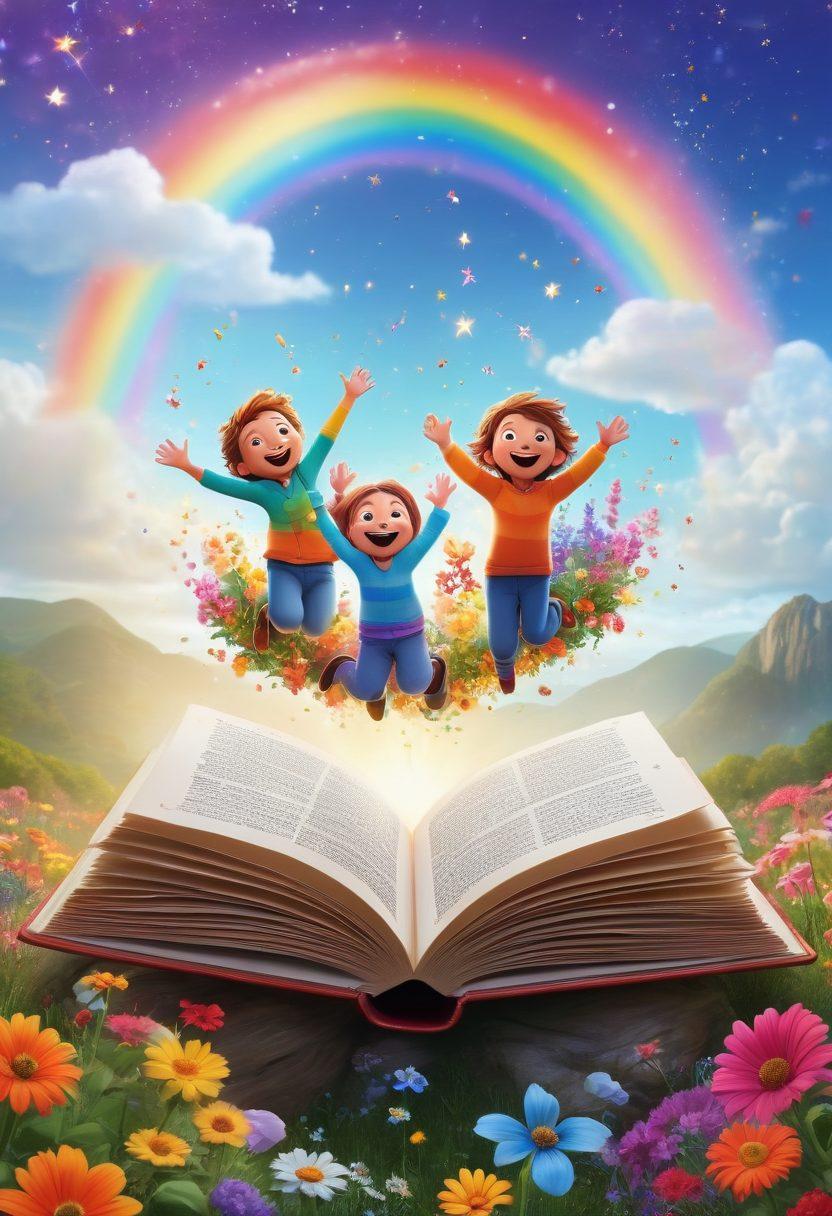A whimsical scene of an open book with colorful, animated characters jumping out of its pages, surrounded by bright flowers and sparkling stars. The background displays a serene landscape with a rainbow arching across the sky, symbolizing happiness and adventure. A banner at the top reads 'Join the Joyful Journey' in cheerful font. super-realistic. vibrant colors. dreamy atmosphere.